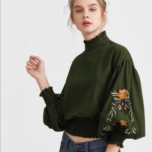 Embroidery Lantern Sleeve Shirred Hem Blouse